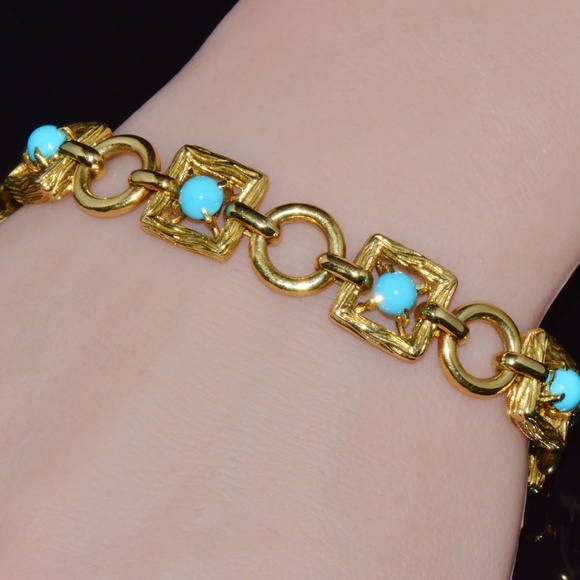 VINTAGE MID-CENTURY SOLID 18K GOLD & NATURAL PERSIAN TURQUOISE BRACELET - Picture 12 of 13